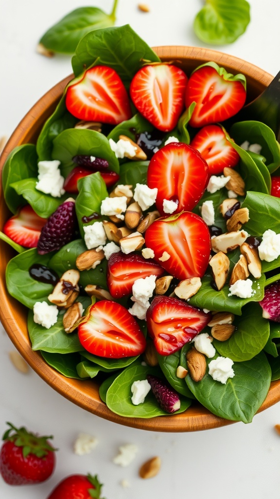 A colorful spinach salad with strawberries, almonds, and feta, styled in a wooden bowl.